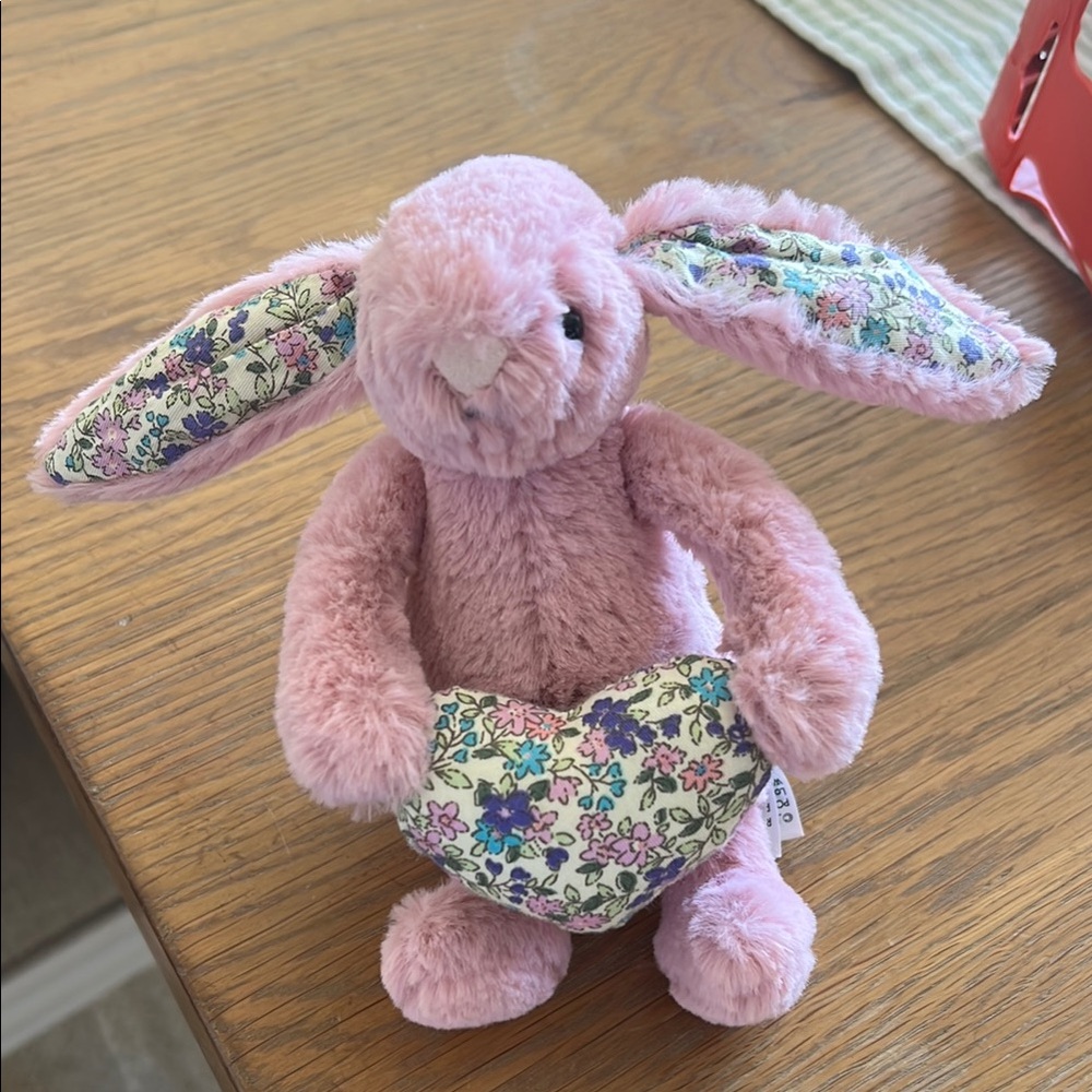 Pink Plush Bunny with Floral Ears and Heart